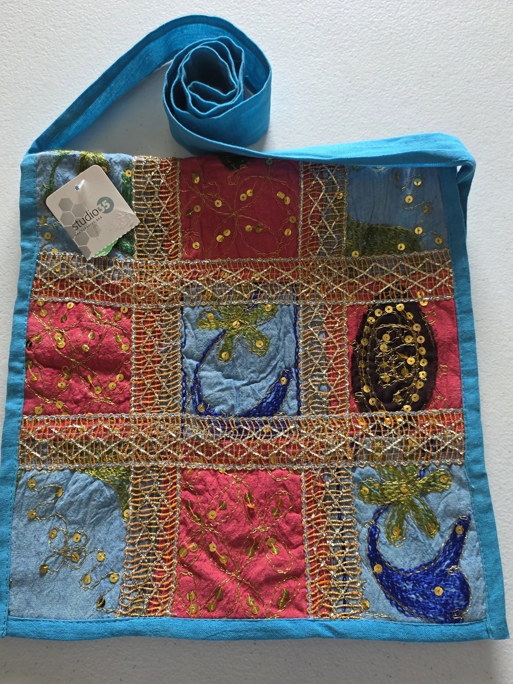 Studio 35 Embroidered Patchwork Shoulder Bag in Turquoise & Multicolor